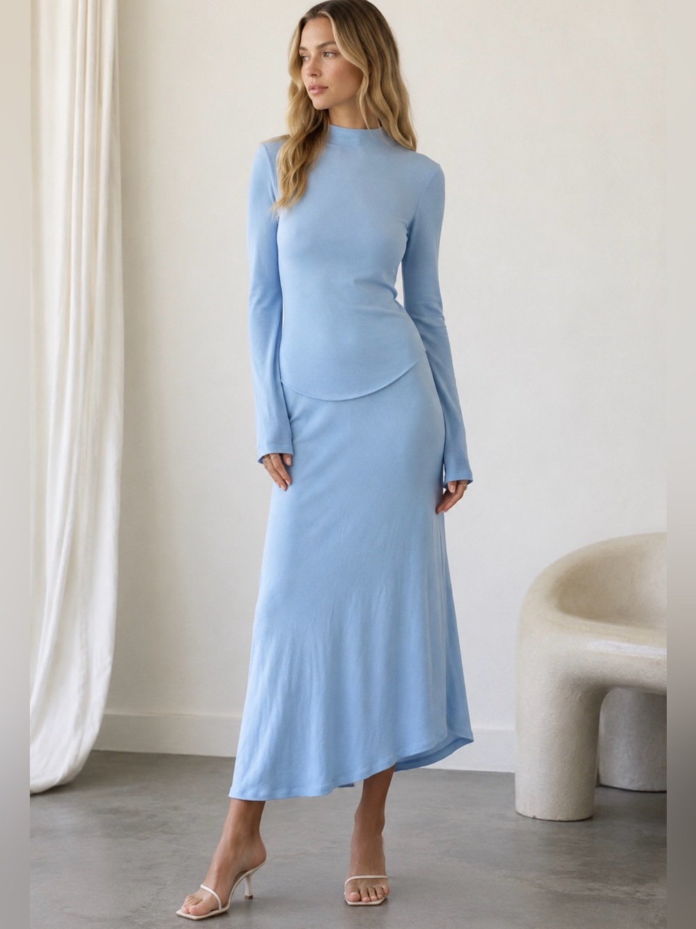 Lioness Baby Blue Long Sleeve Knit Maxi Dress Size M